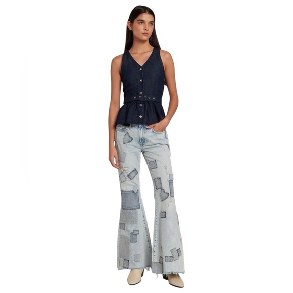 7 For All Mankind Low Rise Flare Jeans 27 Tailorless Iris Patch All Over Patches - Picture 1 of 16